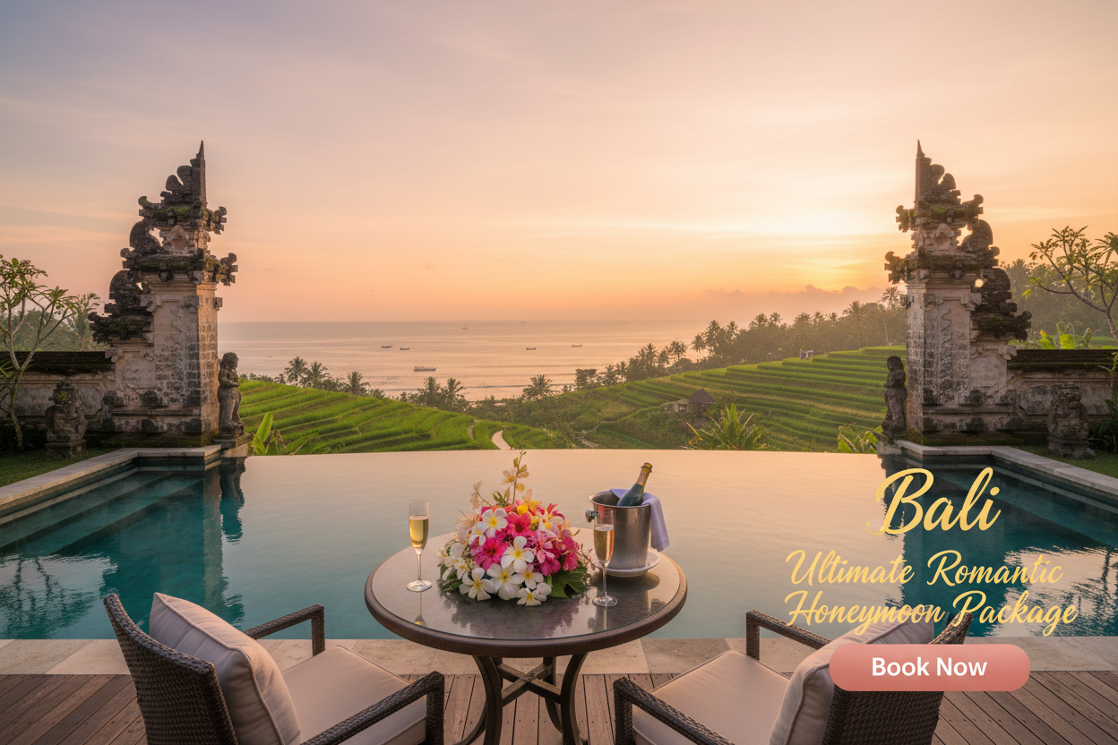 An image for Bali Ultimate Romantic Honeymoon Package, write the same on bottom right with a Book Now call to action