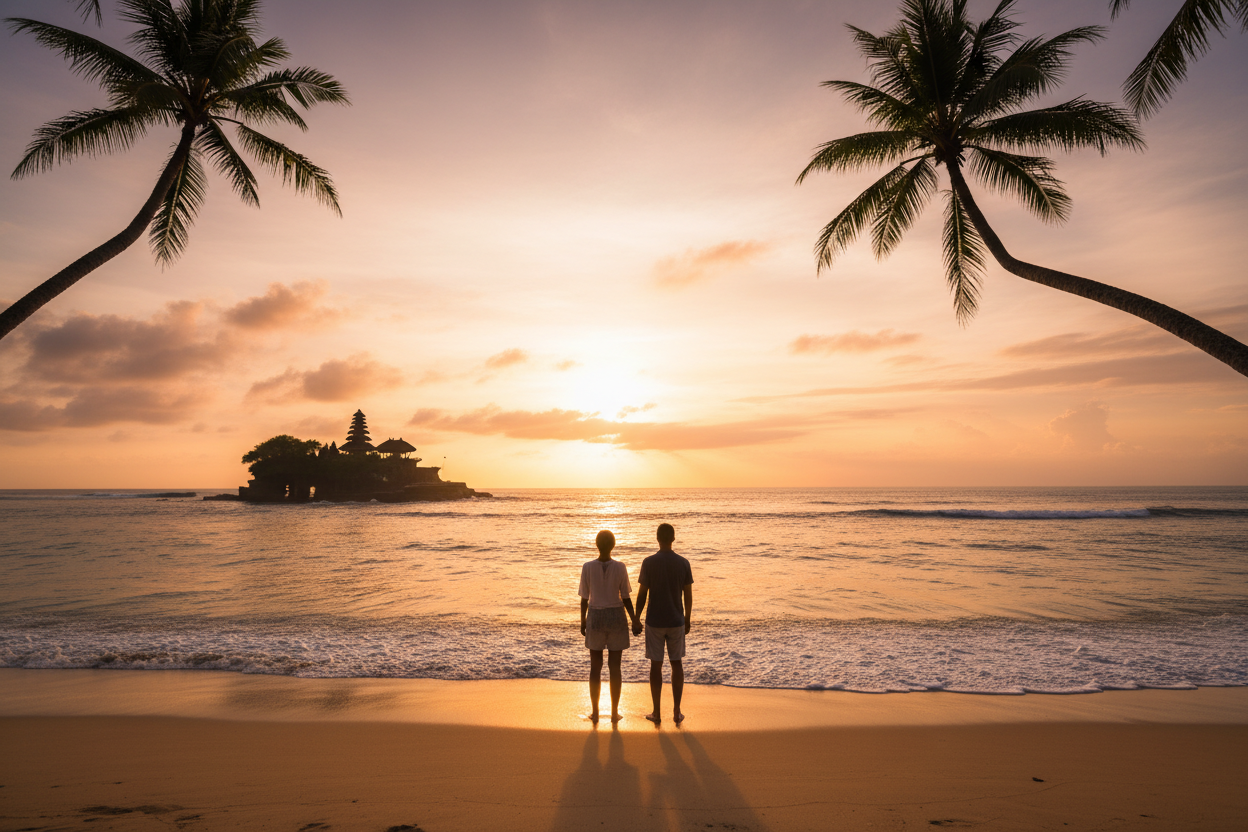 picture can be from behind where their faces are towards the ocean